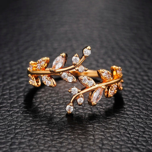 Gold Sparkling Leaf Branch Adjustable Ring
